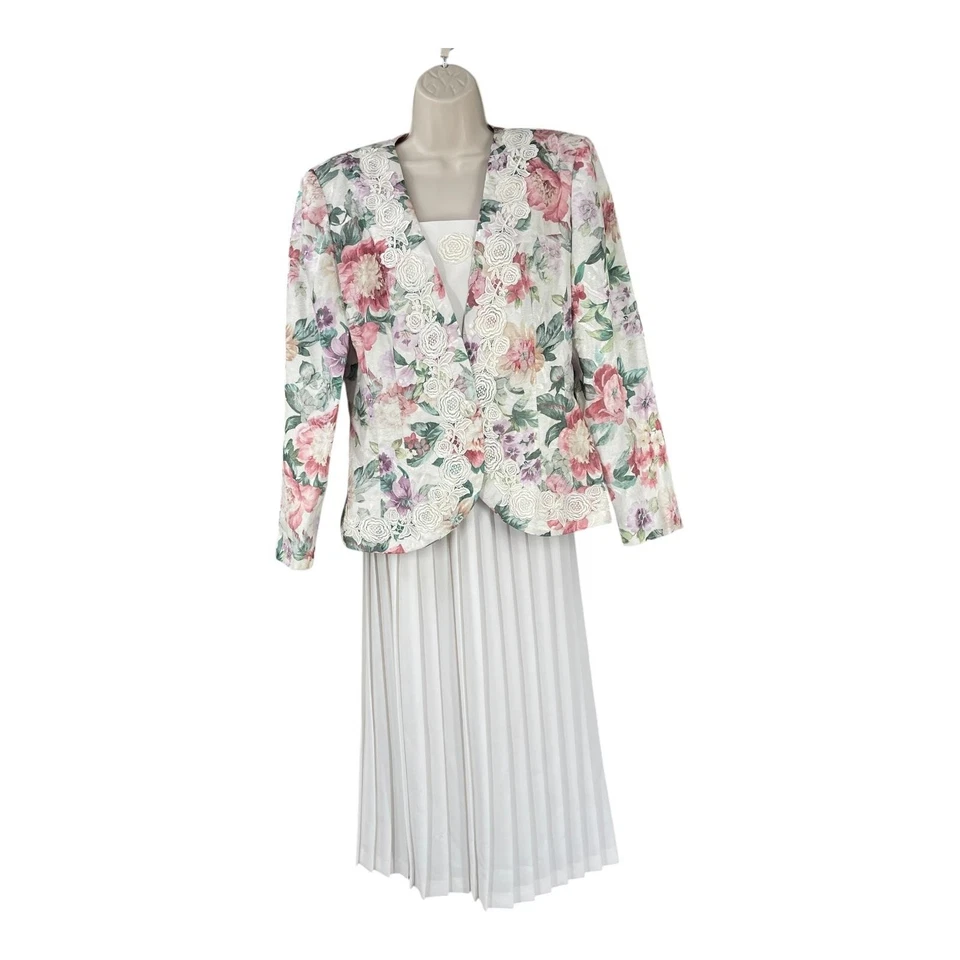 Vintage Floral Blazer Skirt Suit Women 90s Cottage Feminine Artsy Pleated Siz 12 - Image 1 of 4