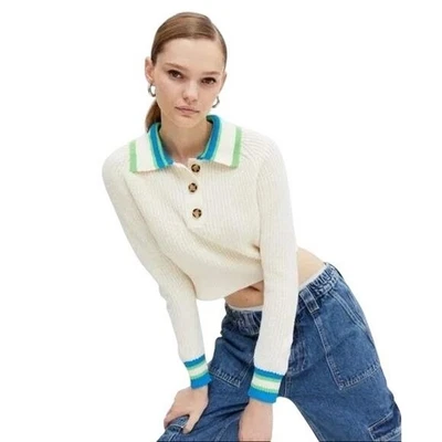 Urban Outfitters BDG Taylor Cropped Collared Sweater Knit Cream Blue - Medium - Image 1 of 4