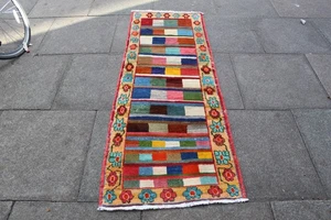 Corredor estrecho vintage tradicional hecho a mano oriental rojo naranja algodón 167x67 cm - Imagen 1 de 12