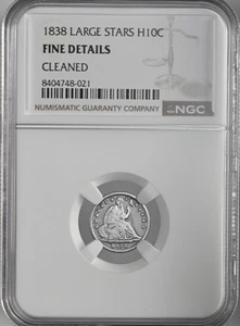 MEDIA MONEDA DE DIEZ CENTAVOS SENTADA 1838 H10C ESTRELLAS GRANDES NGC DETALLES FINOS "LIMPIADO" 8404748-021 - Imagen 1 de 4