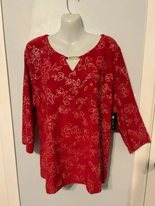 NWT JM Collection Jacquard Glam Red Floral 3/4 Sle Top with Sequins Plus Size 1X - Picture 1 of 3