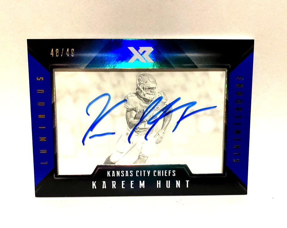 2017 Panini XR Luminous Endorsements Blue /49 Kareem Hunt Rookie Auto RC Chiefs - Image 1 of 2