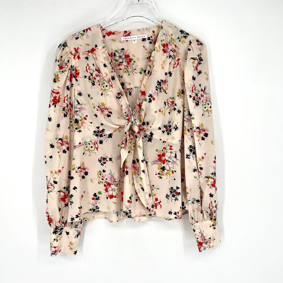 Veronica Beard Top Womens 10 Silk Floral Tie Front Workwear Cottagecore Feminine - Image 1 of 4