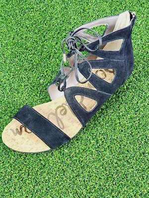 Zapatos Sam Edelman Santina para mujer 8M negros gamuza enjaulada cuña con cordones cremallera Foto 1 de 4