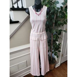 PRIMARK Jumpsuit Womens Size 13/14 White Pink Striped Pockets Drawstring Waist - Picture 1 of 15
