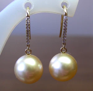 12.9mm! GOLD SOUTH SEA PEARLS UNTREATED +DIAMONDS+18ct Y GOLD EARRINGS+APPRAISAL - Picture 1 of 1
