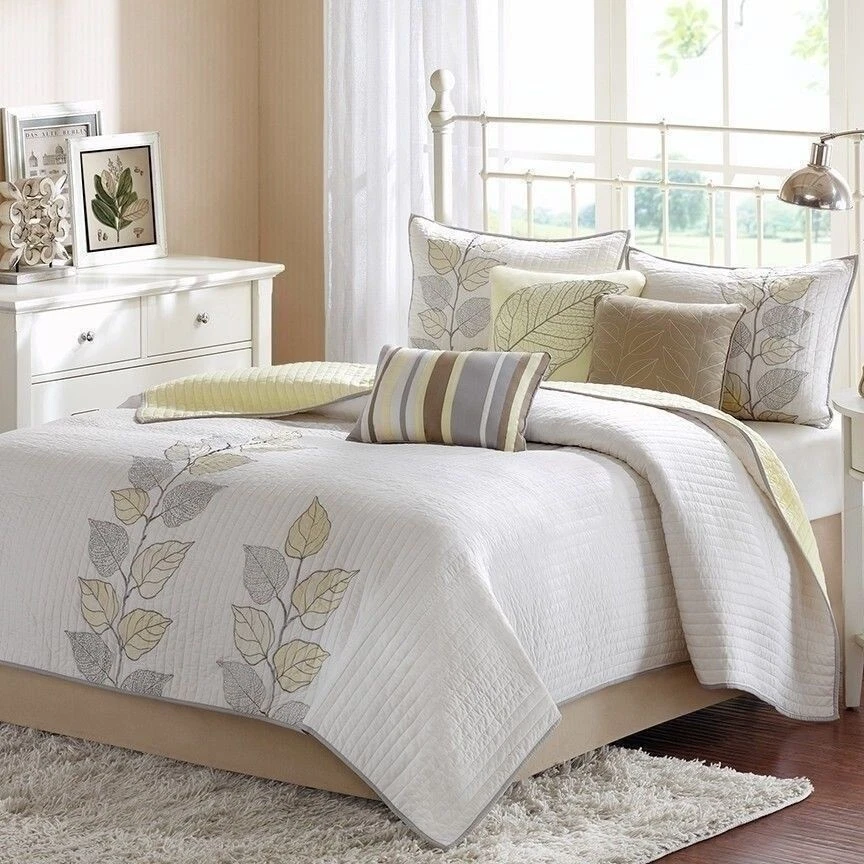 Juego de 6 edredones blancos amarillos beige hojas bordadas ropa de cama king queen Foto 1 de 4