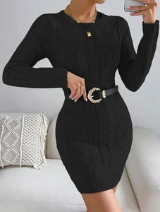 Privé Cable Knit Bodycon Jumper Dress Without Belt in Black - Picture 1 of 3