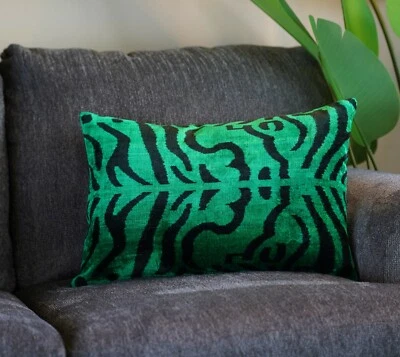 Handmade Tiger Print Velvet Throw Pillow & Down Insert 16 x 24 in (40 x 60 cm) - Image 1 of 4