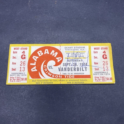 Vintage Ticket Stub Alabama Crimson Tide Vs Vanderbilt 1974 “ROLL TIDE” Cover