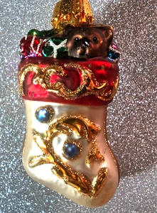 Handmade Blown Glass Vintage Stocking/Bear Glass Christmas Holiday Ornament - Picture 1 of 1