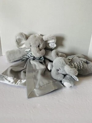 Bearington Baby Collection Plush Elephant Lovey Rattle Set Gray Satin Trim - Image 1 of 4