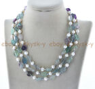 3 Rows Multicolor Fluorite Irregular Beads 6-7mm White Pearl Necklace 17-19"