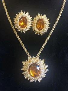 Vintage Christian Dior Sunflower Gold Plate Crystal Necklace & Clip Earring Set - Picture 1 of 5