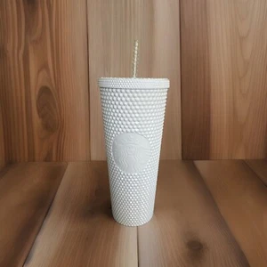 NWT Starbucks Tumbler White Matte Diamond Studded 24oz Straw Cold Coffer Cup - Picture 1 of 2