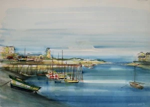 Sacha Chimkevitch-Pintura Original-Gouache-Pequeño Puerto Norman - Imagen 1 de 1