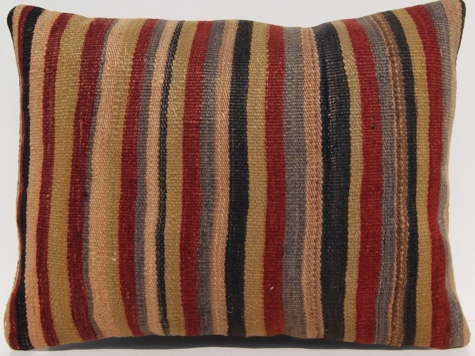 Funda de almohada de lana turca 18"x24" tejida a mano a rayas Kilim cojín alfombra decorativa Foto 1 de 3