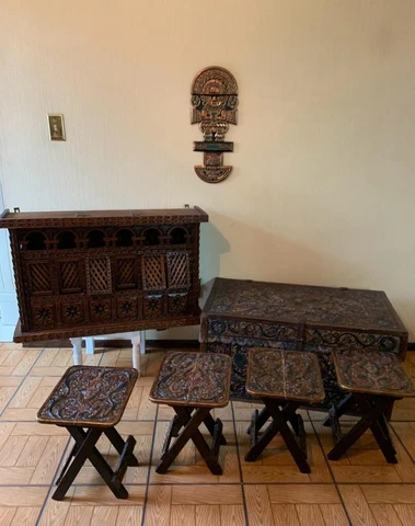 Baúl Madera Cuero + 4 Bancas + Balcón Bar + Tumi Inca Peruano Artesanía Antigua Cover