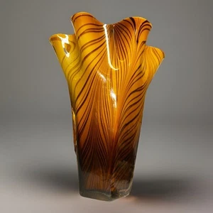 HUGE VTG Art Glass 15” Pinch Brown Kerchief Striped Ruffled Hand Blown Vase - Picture 1 of 6