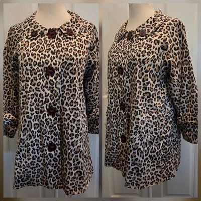 Cheetah Peacoat Jacket Large Lightweight Brown Animal Print 3/4 Sleeve Large - Image 1 of 4