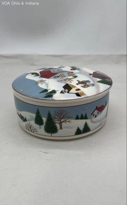 Vintage Mikasa Holiday Village Porcelain Round Covered Trinket Box - Image 1 of 4