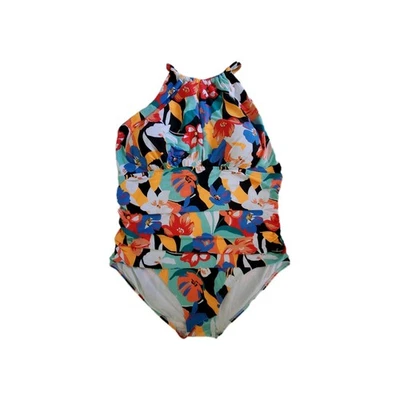 Anne Cole 女式高领连体泳衣 24W 花卉褶皱多色全新带标签 — 第 1/4 张图片