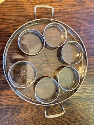 Juego de 6 posavasos plateados de colección con estrella grabada en vidrio con bandeja vajilla Foto 1 de 4