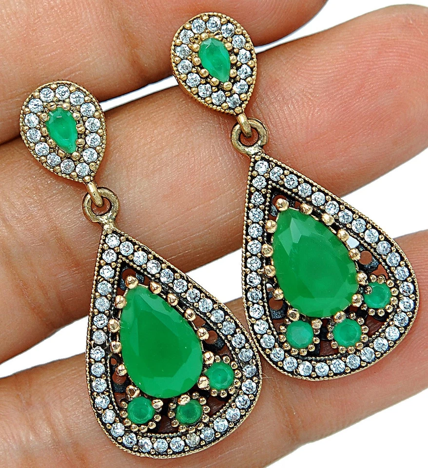 Ottoman Empire Style 12CT Treated Emerald 925 Sterling Silver Earrings TB1528 - Image 1 of 2
