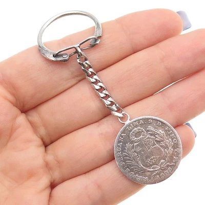 925 Sterling & 900 Coin Silver Antique 1888 Peru 1/5 Sol Key Fob Chain - Image 1 of 4