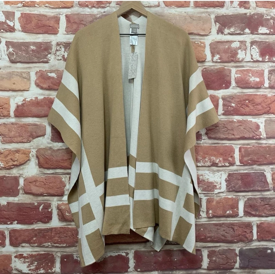 Chicos Ruana Cárdigan Mantón Envolvente Mujer S/M Caqui Blanco Rayas Sin Brazos Foto 1 de 4