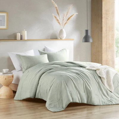 Full/Queen Camden Chambray Solid Print Comforter Set Sage Green - 510 Design: