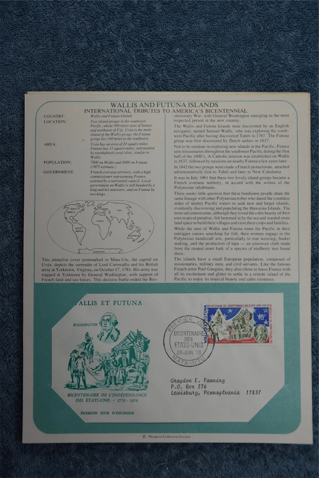 1975 Tributes to America's Bicentennial Souvenir Card - Wallis & Futuna Islands - Image 1 of 1