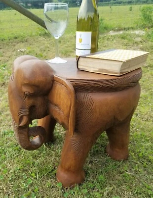 Large Elephant Table/Solid Wood/Hand Carved/Lamp Table/Plant Stand/Waxed 14"  - Image 1 of 4