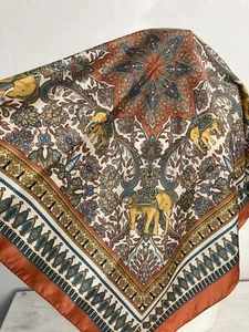 Vintage Neck Scarf Head Scarf Bronze Paisley Indian Elephants Square Shape - Picture 1 of 4