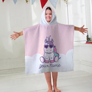 Kids Personalised Hooded Towel Poncho Unicorn Childrens Bathrobe Swim Bath Sun - Picture 1 of 2