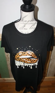 Camiseta negra con gráfico de labios de leopardo manga corta XL/12 algodón estampado liso - Imagen 1 de 5