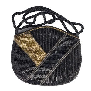 Glass Beaded Evening Purse Art Deco Black Gold Silver Shoulder Bag Rope Strap - Picture 1 of 3