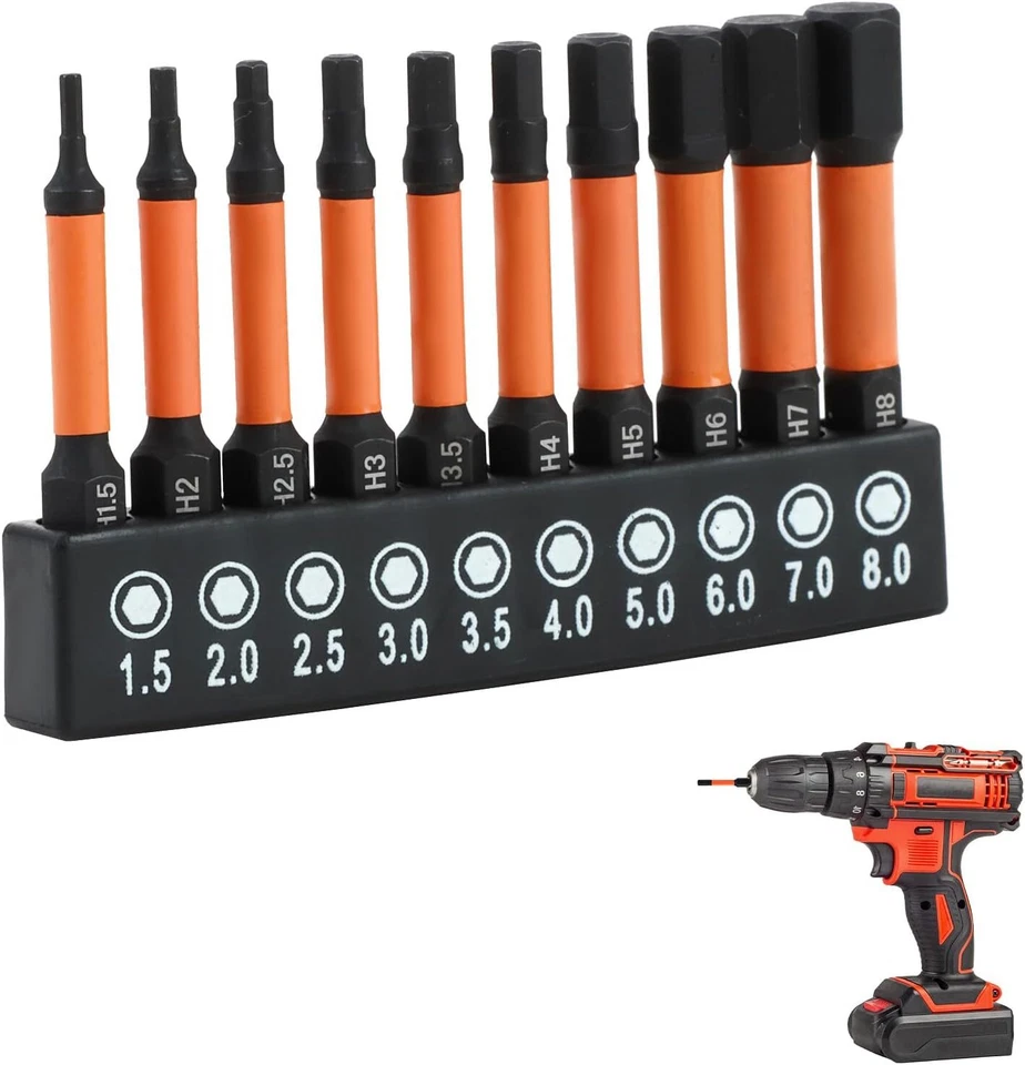 Impact Hex Head Allen Wrench Drill Bit Set - 10Pcs Metric (1.5Mm-8Mm), 1/4” Hex- - Image 1 of 1