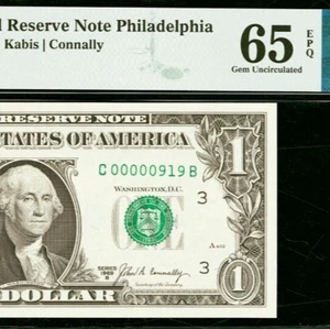 1969B $1 Federal Reserve Note - PMG 65EPQ - Birthday Low Serial Number 00000919 - Picture 1 of 3
