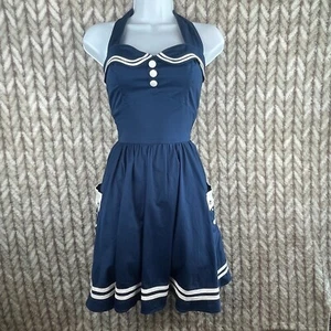 womens medium navy Hell Bunny Vixen Motley mini pinup sailor halter dress skull - Picture 1 of 11