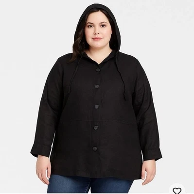 Premise Woman Cassidy 2X 100% Linen Hooded Jacket Button Up Black Lagenlook NWT - Image 1 of 4