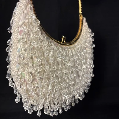 Handbeaded Women's Ivory Colored Satin Clutch Vintage Hong Kong Beaded - Image 1 of 4