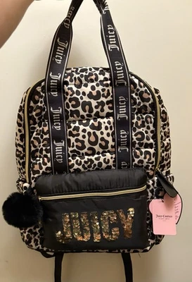 JUICY COUTURE Leopard Sequin Logo Backpack School Travel Bag Black Gold NWT - Image 1 of 4