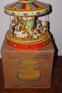 J. Chein & Co Karussell mechanisch Karussell rund Blech Litho Vintage mit Box #385 - Bild 1 von 10