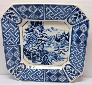 Piatto Sometsuke ottagonale vintage, blu cobalto smaltato e bianco, 6" - Foto 1 di 5