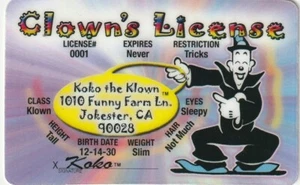 KOKO the Clown ID card Drivers License for Ringling Bros Barnum Bailey Circus - Picture 1 of 1
