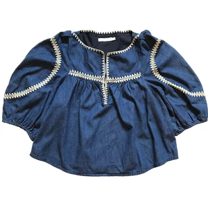 Zimmermann Chintz Denim Smock Top Shirt Blouse Womens 3 Large Blue Split Neck - Picture 1 of 11