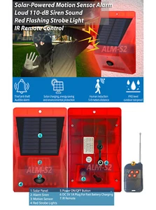 Outdoor Solar Powered Motion Alarm 110dB Siren IR Remote Red Strobe Light DC 5V - Picture 1 of 8