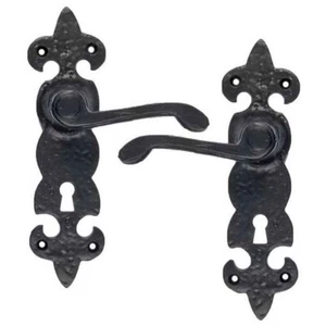 Maniglie porta piastra posteriore Lever On Fleur De Lys nero antico blocco in ferro vittoriano - Foto 1 di 5