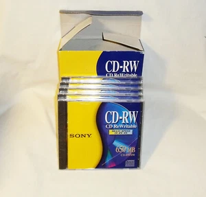 5 Pack Sony CD RW Rewritable Discs 650 MB 1X - 4X CDRW650 Blank Media - Picture 1 of 3